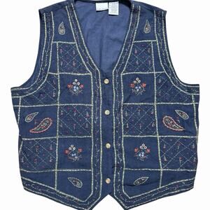 VTG 90s Y2K BOBBIE BROOKS CORDUROY VEST NAVY BLUE EMBROIDERY COTTAGECORE BOHO XL